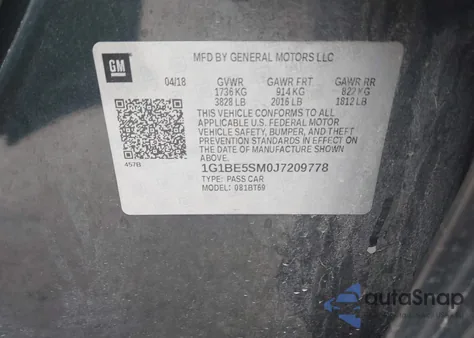 2018 Chevrolet Cruze Lt Auto z USA, uszkodzony, nr VIN 1G1BE5SM0J7209778